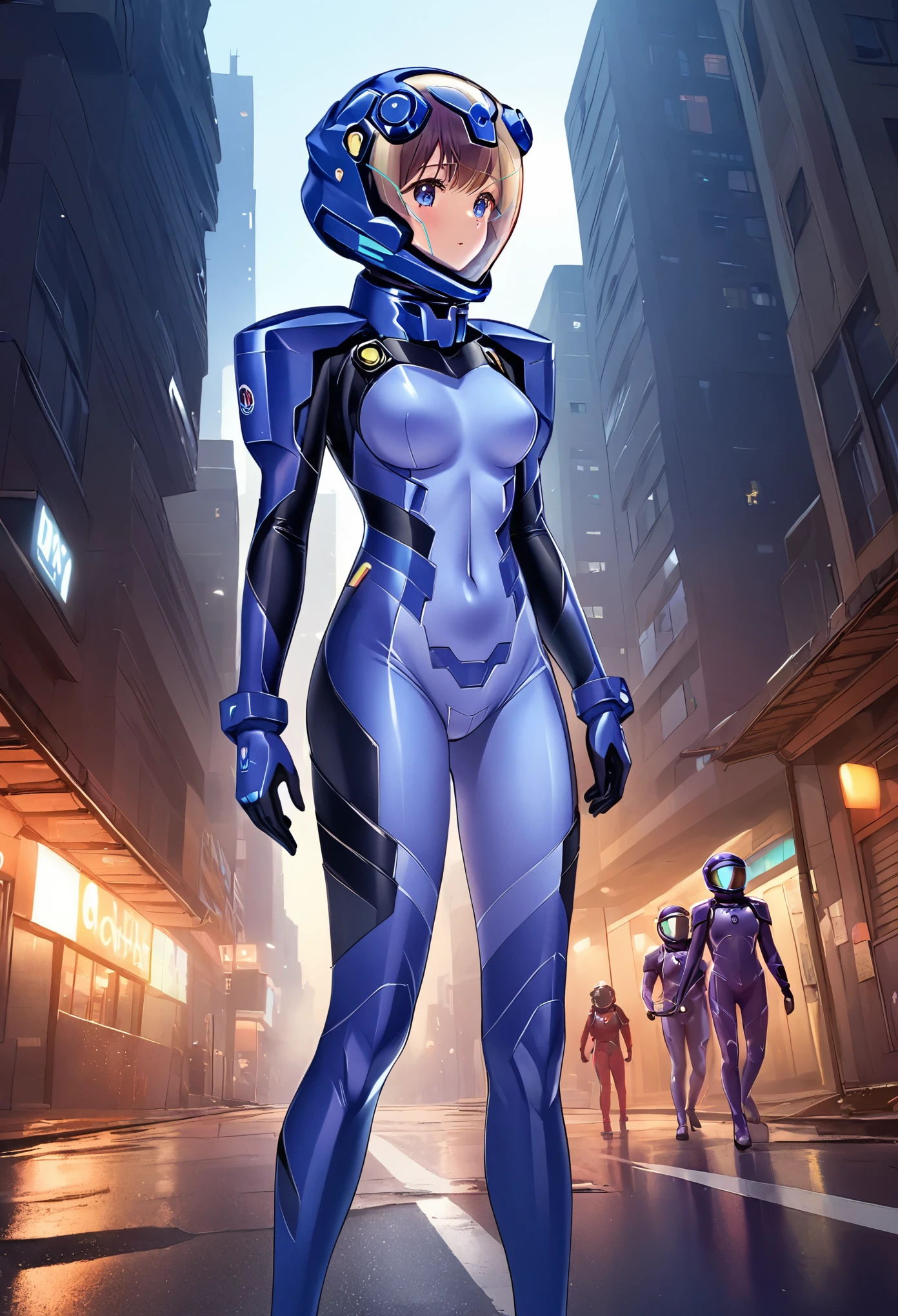 short hair, street, emo, BLACK hair, white eyes, eyeliner, apocalypse, (astronaut, girl, road, city,  fortified suit, ((blue:1.5) plugsuit), short hair, outdoors, cinematic light,  medium breasts, covered navel, space helmet, muvluv, space helm, eva helmet,[legs bent, holding hands, scared