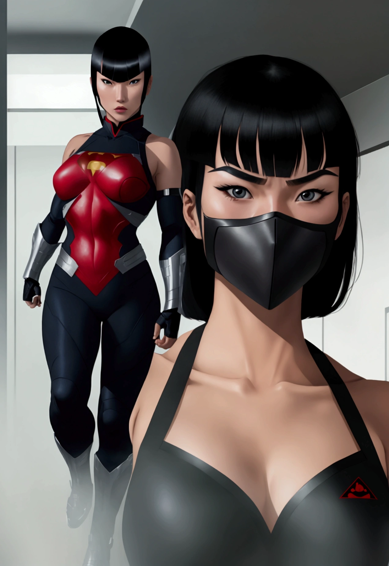 Superhero, ninja, modern ninja costume, ninja mask on the face, beautiful American chine woman, chines woman "with bangs", courageous character, kind, brave, determination