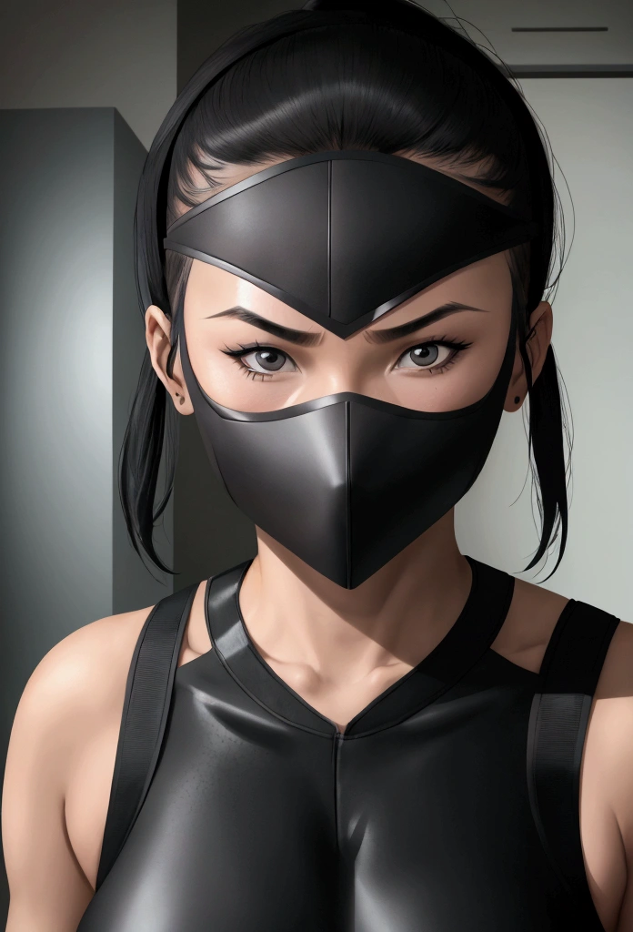 Superhero, ninja, modern ninja costume, ninja mask on the face, beautiful American chine woman, chines woman "with bangs", courageous character, kind, brave, determination