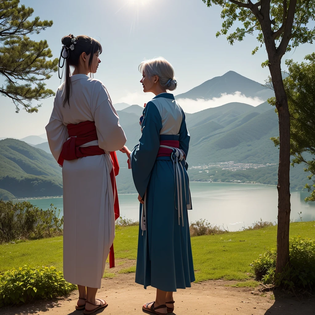 ((Highest quality)), ((masterpiece))、(The morning sun shines in、Delicate and beautiful)、(A shrine in the mountains shrouded in early morning mist、Two people on the Kagura dance stage)
(background(View from the mountain、You can see the lake at the foot of the mountain and the town and forest that spread out along its shores.、I can see the ocean in the distance))、
((prospect(Two figures on the Kagura stage、The morning sun shines through, revealing the mysterious beauty of the place.、Granny and little girl))、
(On the stage, there was an elderly woman dressed as a shrine maiden, with a dignified presence, her long grey hair mixed with white hair hanging down her back and tied around her waist.)、
(One is a young girl with long silver hair that hangs down her back and is tied around her waist. She has blue-green eyes and is dressed as a lively shrine maiden.)、
(It seems that she is being taught dance by an old woman. Occasionally, you can hear her scolding voice.)