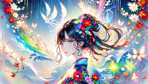 a fusion of watercolor and oil painting, psychedelic world, commemorative photo, japanese kimono,beautiful girl、lolita、15-year-o...