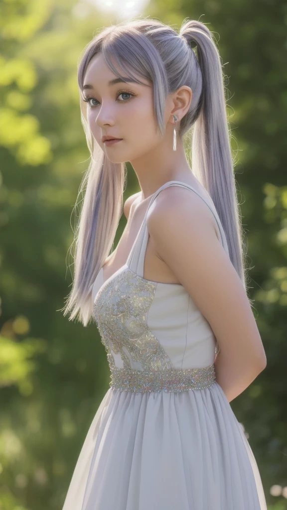 èŠ™èŽdryè“®,One girl,alone,Fairy,Gray Hair,灰colorの髪の毛,earriSleeveless dress,White Dress,Sleeveless dress,Exposing shoulders,clavicle,ngs,Pointed Ears,Long Hair,ponytail,Green Eyes,Twin tails,Parted bangs,Thick eyebrows,Browsing Caution,Small breasts,Cleavage,Put your arms behind your back,, 20-year-old,young woman,beautiful指,beautiful長い脚,beautiful体,beautiful鼻,beautifulキャラクターデザイン, Perfect Eyes, perfect face,Expressive eyes,、Full body、
View your viewers,
Official Art,Very detailed CG ユニティ 8k 壁紙, Perfect lighting,colorful, bright_front_face_Lighting,Glowing Skin, 
(masterpiece:1.0),(Highest_quality:1.0), 超High resolution,4K,Very detailed,
photograph, 8k, High resolution, High resolution, Absurd:1.2, 400 for Kodak Port, Film Grain, Blurred Background, Bokeh:1.2, Lens flare, (Vibrant_color:1.2), (beautiful_face:1.5),(narrow_Waist), ,Browsing Caution,, Amazing visuals, High resolution,masterpiece,Highest quality,