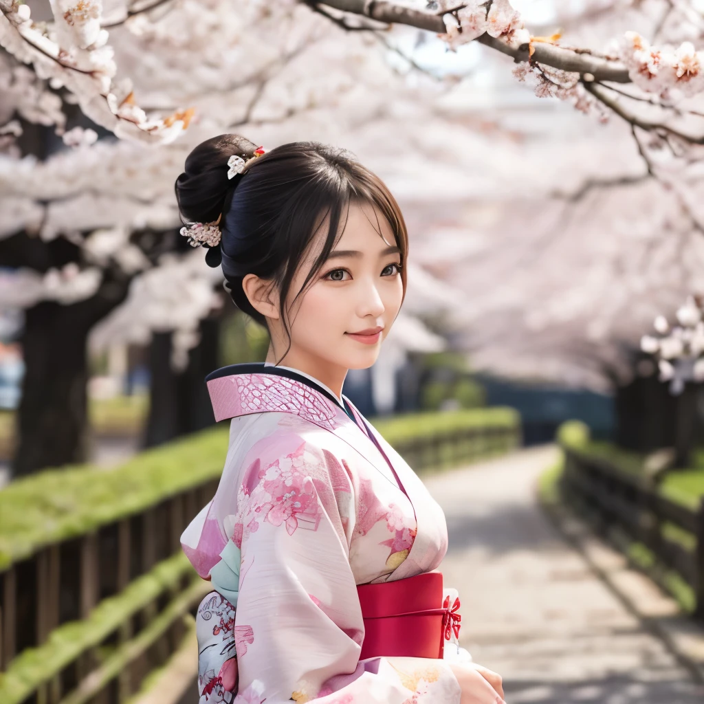 (masterpiece),(Highest quality),(Very detailed),(High resolution),8k,wallpaper,One Woman,A woman is standing,elegant,kimono写真撮影,(((whole body))),(Hair Bun),Laugh with your mouth closed,(Beautiful long-sleeved kimono),(((The background is cherry blossoms.))),((kimono))