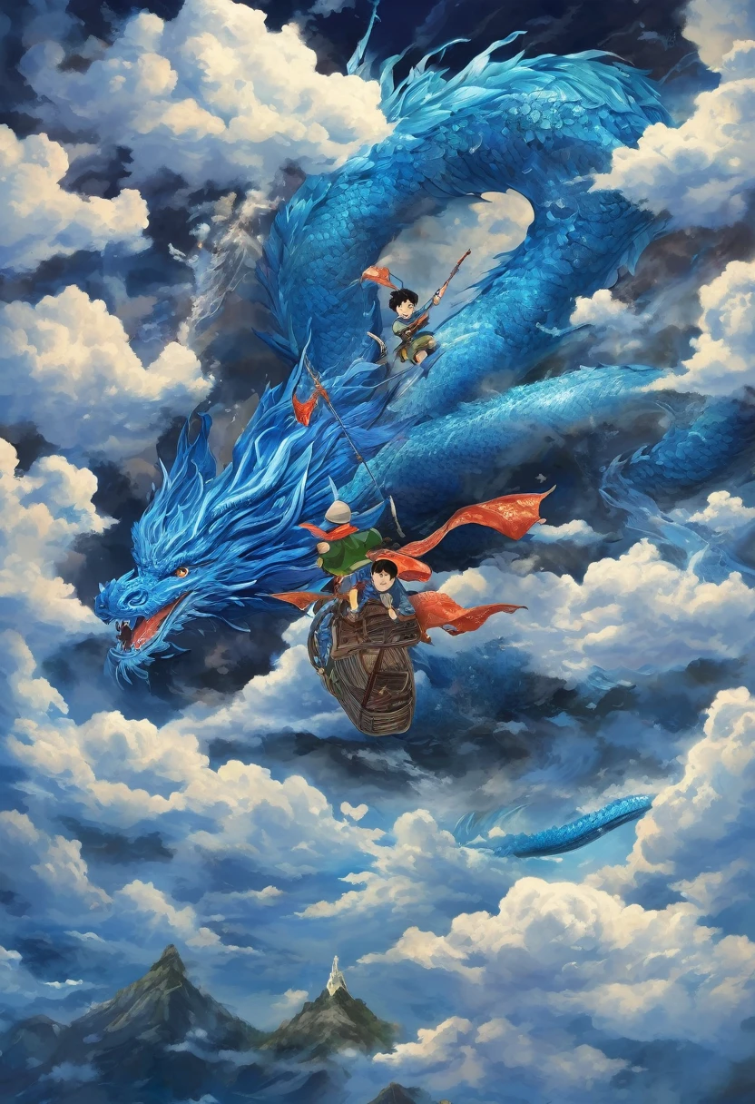 A picture depicting the legend of a boy riding a blue dragon to save the world, super detailed, masterpiece: 1.23, (powerful dragon: 1.2, boy full of hope: 1.2), over mountains, over the sea, flying through the clouds, masterpiece, 16k

