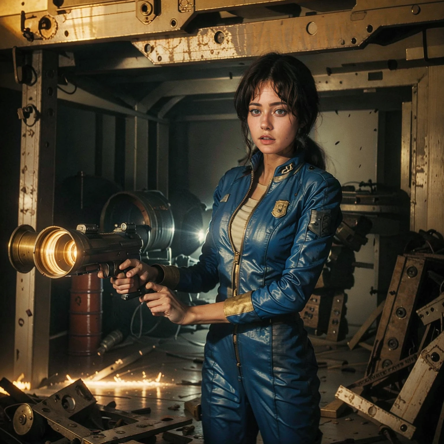 (One person). Fallout TV series. Inside a dimly lit large wreaked smoky room in a post-apocalyptic (casino) in Las Vegas. Vaultsuit Lucy, a 25 year-old vault dweller wearing a blue and gold vaultsuit unzipped top with bloodstains on the t-shirt underneath, her black hair disheveled, with a large ((gun)) in her hand, standing ready to defend herself.  Dark room with smoke and small fires in the rubble. Menacing shadows. Dramatic. Cinematic. realistic colors, realistic, photo-realistic. 