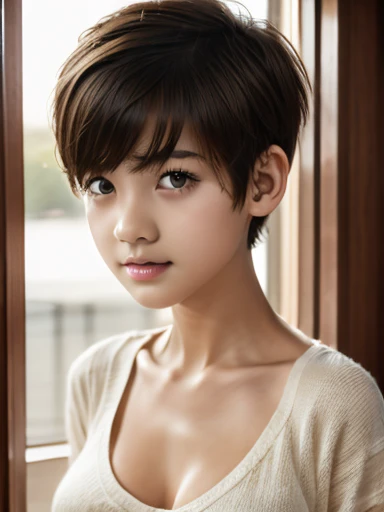 A 13 year old beautiful and slim girl with short hair. Tomboy hair style. Breast can be seen.