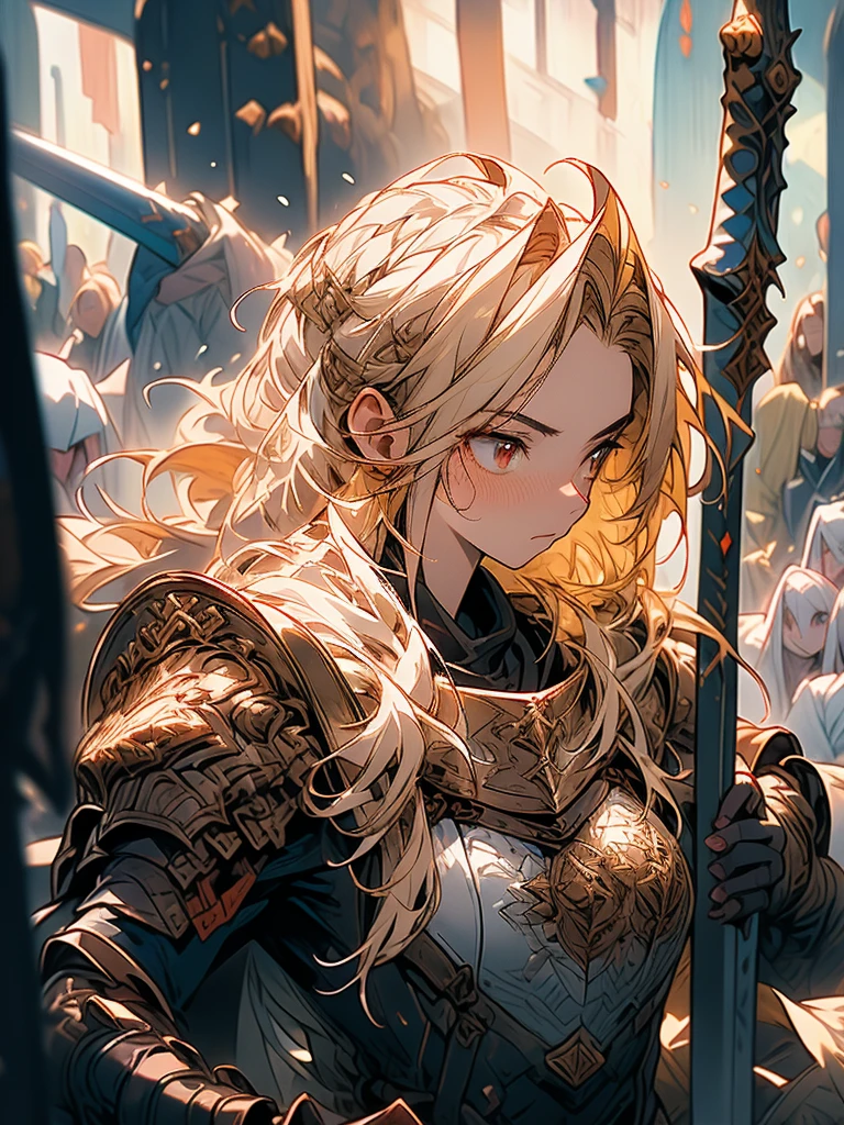 (a teenager male knight in cracked Gold armor), handsome, (( a Greatsword stained with dark gold element)), a giant gate of castle behind him, light from the sky, lots of swords point at the knight, red eyes, white hair, rose gold hair, gradient hair, chiaroscuro, cinematic lighting, god rays, ray tracing, reflection light, ((full-body)), masterpiece, best quality, high quality, high details, highest, accurate, anatomically correct, textured skin, UHD, 1080P, ((anime))