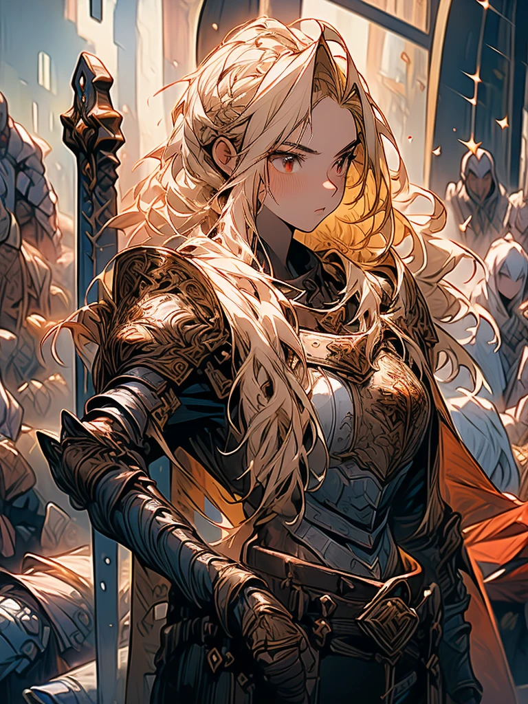 (a teenager male knight in cracked Gold armor), handsome, (( a Greatsword stained with dark gold element)), a giant gate of castle behind him, light from the sky, lots of swords point at the knight, red eyes, white hair, rose gold hair, gradient hair, chiaroscuro, cinematic lighting, god rays, ray tracing, reflection light, ((full-body)), masterpiece, best quality, high quality, high details, highest, accurate, anatomically correct, textured skin, UHD, 1080P, ((anime))