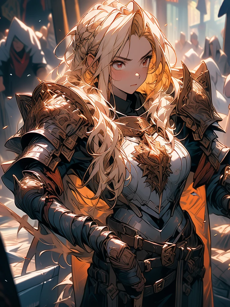 (a teenager male knight in cracked Gold armor), handsome, (( a Greatsword stained with dark gold element)), a giant gate of castle behind him, light from the sky, lots of swords point at the knight, red eyes, white hair, rose gold hair, gradient hair, chiaroscuro, cinematic lighting, god rays, ray tracing, reflection light, ((full-body)), masterpiece, best quality, high quality, high details, highest, accurate, anatomically correct, textured skin, UHD, 1080P, ((anime))