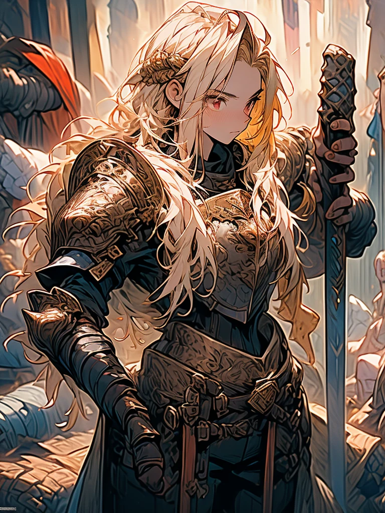 (a teenager male knight in cracked Gold armor), handsome, (( a Greatsword stained with dark gold element)), a giant gate of castle behind him, light from the sky, lots of swords point at the knight, red eyes, white hair, rose gold hair, gradient hair, chiaroscuro, cinematic lighting, god rays, ray tracing, reflection light, ((full-body)), masterpiece, best quality, high quality, high details, highest, accurate, anatomically correct, textured skin, UHD, 1080P, ((anime))