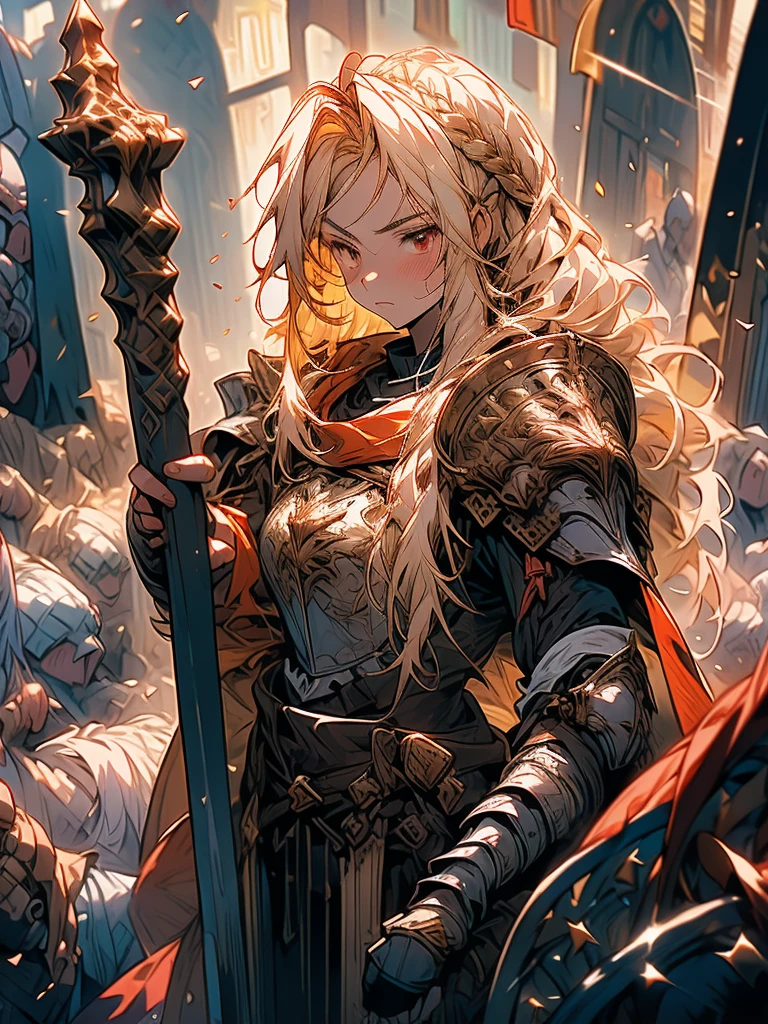 (a teenager male knight in cracked Gold armor), handsome, (( a Spear stained with dark gold element)), a giant gate of castle behind him, light from the sky, lots of swords point at the knight, red eyes, white hair, rose gold hair, gradient hair, chiaroscuro, cinematic lighting, god rays, ray tracing, reflection light, ((full-body)), masterpiece, best quality, high quality, high details, highest, accurate, anatomically correct, textured skin, UHD, 1080P, ((anime))