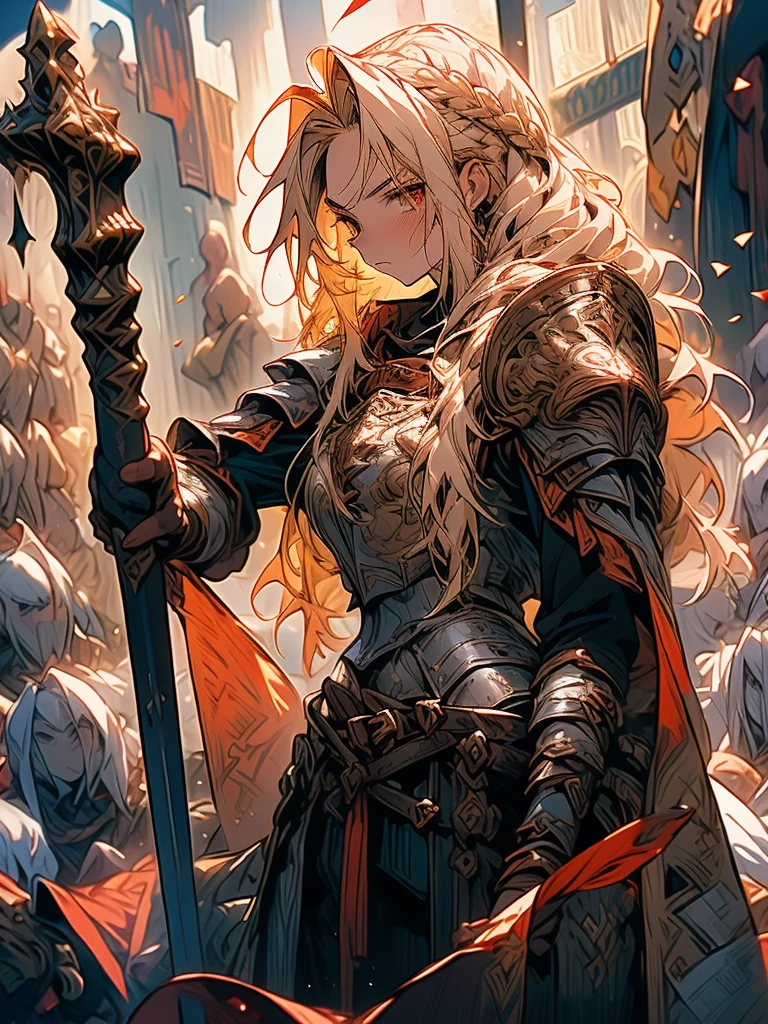 (a teenager male knight in cracked Gold armor), handsome, (( a Spear stained with dark gold element)), a giant gate of castle behind him, light from the sky, lots of swords point at the knight, red eyes, white hair, rose gold hair, gradient hair, chiaroscuro, cinematic lighting, god rays, ray tracing, reflection light, ((full-body)), masterpiece, best quality, high quality, high details, highest, accurate, anatomically correct, textured skin, UHD, 1080P, ((anime))