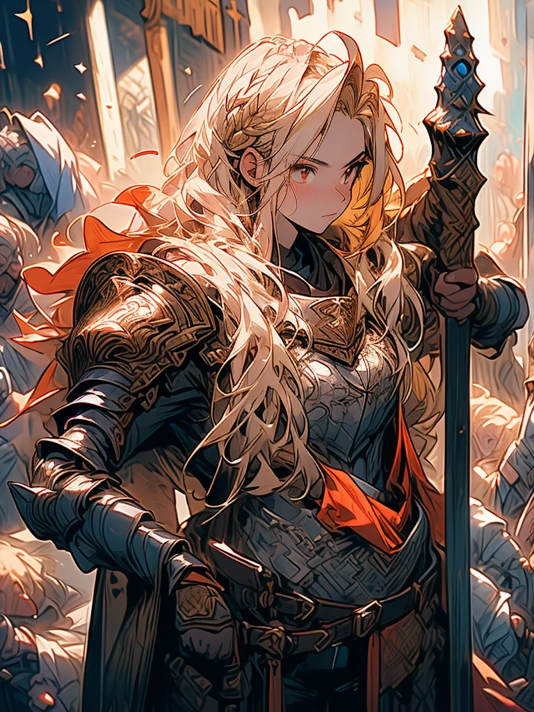 (a teenager male knight in cracked Gold armor), handsome, (( a Spear stained with dark gold element)), a giant gate of castle behind him, light from the sky, lots of swords point at the knight, red eyes, white hair, rose gold hair, gradient hair, chiaroscuro, cinematic lighting, god rays, ray tracing, reflection light, ((full-body)), masterpiece, best quality, high quality, high details, highest, accurate, anatomically correct, textured skin, UHD, 1080P, ((anime))