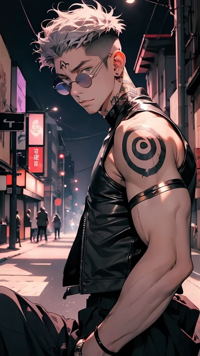 highest quality, 8K, high resolution image, anime style Jujutsu Kaisen, detailed strokes, bored look, blurry, purple light reflecting from it, (close angle), 1 man, male, model, (Ryomen Sukuna's Tattoos) ,Hands tap on the keyboard, cool guy, multicolored background with different geometric shapes, around stickers, muscular, grey hair, grey eyes, short hair hairstyle: undercut, puffy chest. he is wearing a leather jacket with gold ones Details a white white tank top and a black pants, sunglasses, background: city, street, cars, taxi, people, pigeons