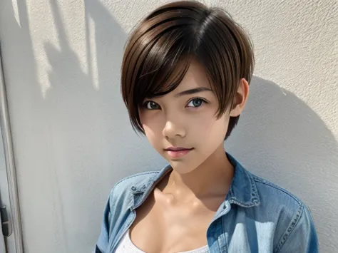 a 13 year old beautiful and slim girl with short hair. tomboy hair style. breast can be seen.