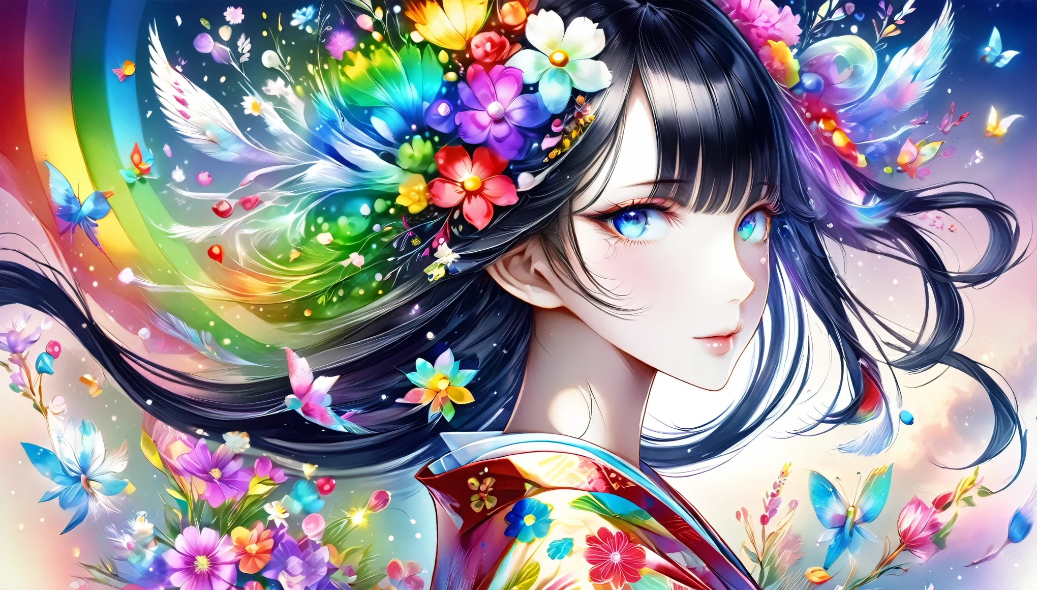 A fusion of watercolor and oil painting, Psychedelic world, Commemorative photo, Japanese Kimono,beautiful girl、Lolita、15-year-old girl, 1 cute girl、(Look forward), (Looking at this), (Very delicate and beautiful face)、(Beautiful eyes in every detail)、((((Heterochromia Iridum - Red and Blue Eye Color))))、Through the bangs,Black Hair,Long Hair ,Beautiful attention to detail, Beautiful lip detail, Highly detailed face, Attractive eyes, Long eyelashes, smile, shy, One Girl, Digital Art, pastel colour, ((Use the rainbow as your main color)),Vibrant colors,fantasy art pieces,dream-like,Mythical fantasy with rainbow accents,Fairytale Fantasy, (((Translucent rainbow))),Subtle iridescent details,Gives off an aura of magic,Exquisite detail,Character clothing should be designed in kimono, Heavenly, Soft lighting, Cinematic, romantic, baby doll、Framing above the chest、Colorful gel background、Fractal Floral Background、Sparkling、Perfect lighting、Sharp focus、High resolution、High resolution、High color rendering、High resolution