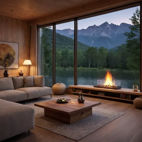 imagine a modern, luxurious cabins under the stars，with majestic mountains in the background，next to the tranquil lake. design h...