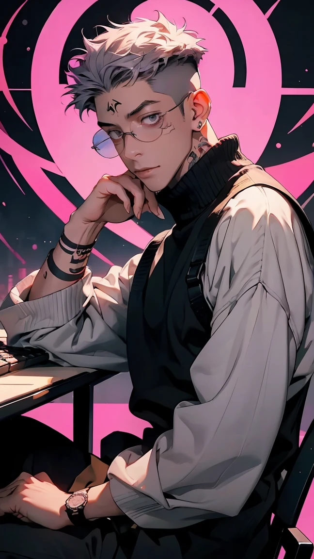 highest quality, 8K, high resolution image, anime style Jujutsu Kaisen, detailed strokes, bored look, blurry, purple light reflecting from it, (close angle), 1 man, male, model, (Ryomen Sukuna's Tattoos) ,Hands tap on the keyboard, cool guy, multicolored background with different geometric shapes, around stickers, muscular, grey hair, grey eyes, short hair hairstyle: undercut, puffy chest. he is wearing a  a sweater with long sleeves with golden Details and a black pants, sunglasses, background: city, street, cars, taxi, people,