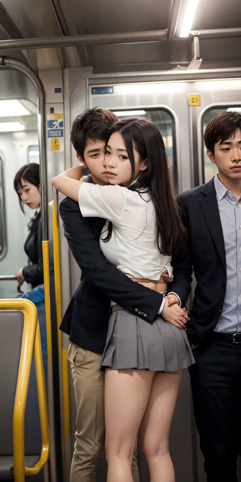 browsing caution, crowded train, japan , handsome boy hugging his girlfriend from behind, talk in her ear, lift her up, miniskir...