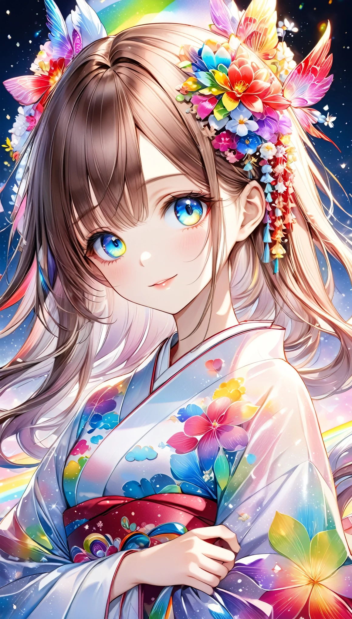 A fusion of watercolor and oil painting, Psychedelic world, Commemorative photo, Japanese Kimono,beautiful girl、Lolita、15-year-old girl, 1 cute girl、(Look forward), (Looking at this), (Very delicate and beautiful face)、(Beautiful eyes in every detail)、((((Heterochromia Iridum - Red and Blue Eye Color))))、Through the bangs,Brown Hair,Long Hair ,Beautiful attention to detail, Beautiful lip detail, Highly detailed face, Attractive eyes, Long eyelashes, smile, shy, One Girl, Digital Art, pastel colour, ((Use the rainbow as your main color)),Vibrant colors,fantasy art pieces,dream-like,Mythical fantasy with rainbow accents,Fairytale Fantasy, (((Translucent rainbow))),Subtle iridescent details,Gives off an aura of magic,Exquisite detail,Character clothing should be designed in kimono, Heavenly, Soft lighting, Cinematic, romantic, baby doll、Framing above the chest、Colorful gel background、Fractal Floral Background、Sparkling、Perfect lighting、Sharp focus、High resolution、High resolution、High color rendering、High resolution