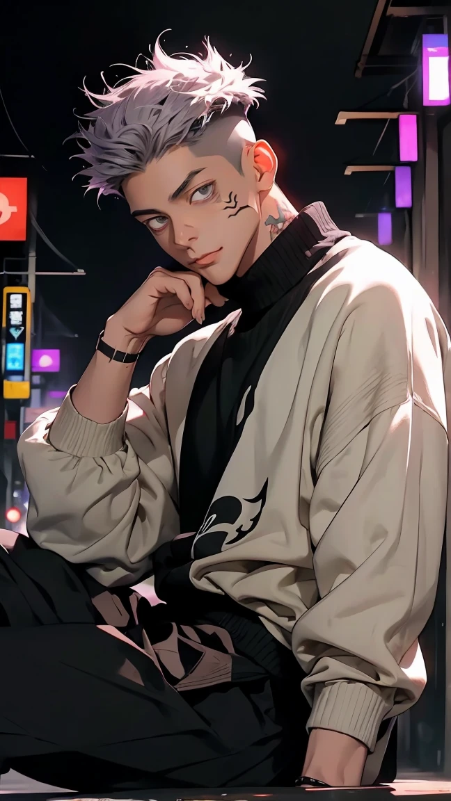 highest quality, 8K, high resolution image, anime style Jujutsu Kaisen, detailed strokes, bored look, blurry, purple light reflecting from it, (close angle), 1 man, male, model, (Ryomen Sukuna's Tattoos) ,Hands tap on the keyboard, cool guy, multicolored background with different geometric shapes, around stickers, muscular, grey hair, grey eyes, short hair hairstyle: undercut, puffy chest. he is wearing a  a sweater with long sleeves with golden Details and a black pants, hand in his pocket , background: city, street, cars, taxi, people,