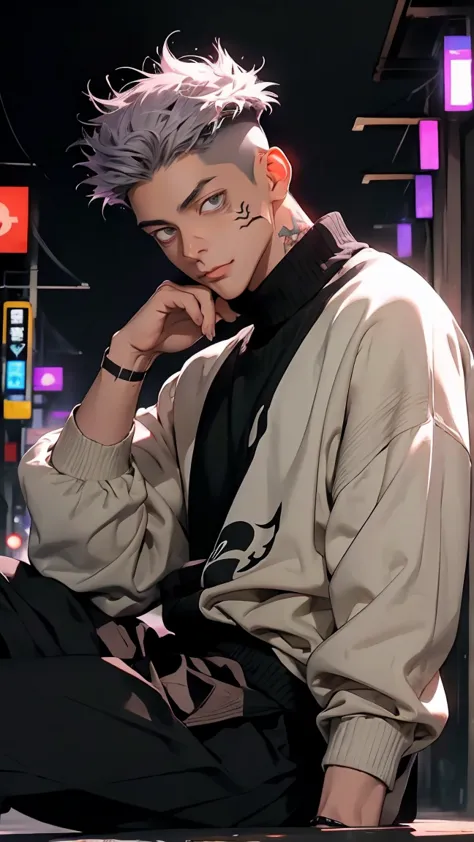 highest quality, 8k, high resolution image, anime style jujutsu kaisen, detailed strokes, bored look, blurry, purple light refle...