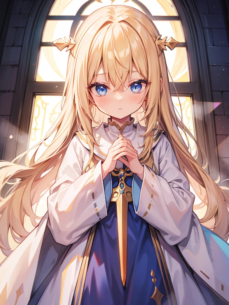 priestess, blonde hair, blue eyes, long hair, hair between eyes,