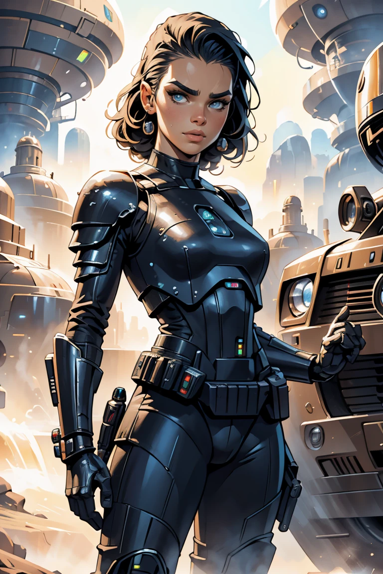 an android based on Alina Lopez, Star Wars, highly detailed cinematic sci-fi illustration, black outlining, full color illustration, in the style of BORIS VALLEJO & JULIE BELL, masterpiece, 8k, ultra-detailed, physically-based rendering, vivid colors, dramatic lighting, intricate background, photorealistic