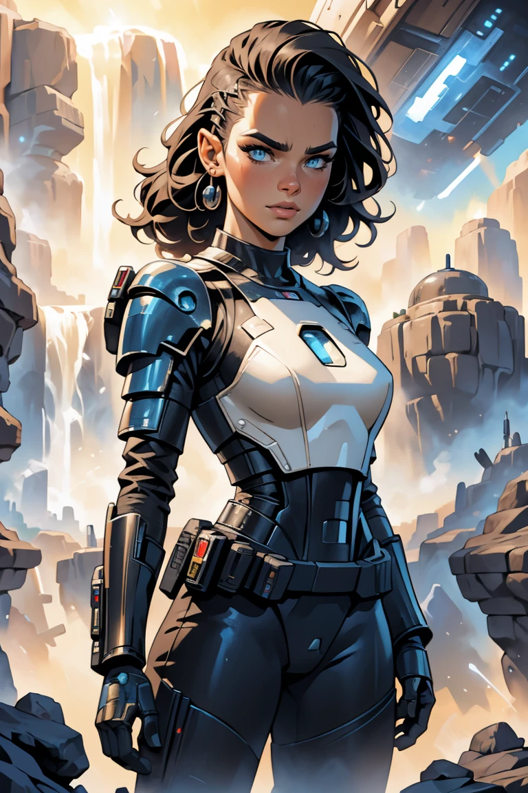 an android based on Alina Lopez, Star Wars, highly detailed cinematic sci-fi illustration, black outlining, full color illustration, in the style of BORIS VALLEJO & JULIE BELL, masterpiece, 8k, ultra-detailed, physically-based rendering, vivid colors, dramatic lighting, intricate background, photorealistic