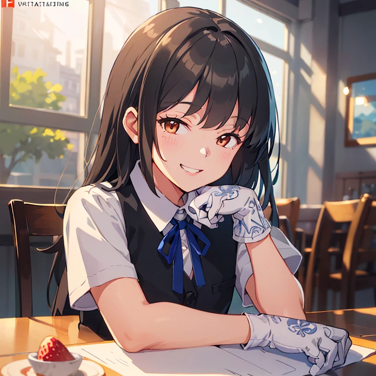 hayashio,white shirt,neck ribbon,short sleeves,black vest,black skirt,white gloves,
(masterpiece:1.4),(best quality:1.4), (amazing), (great illustration:1.4), (ultra-detailed:1.4), (art CG, 8K),1girl solo,(happy smile:1.4)
,one strawberry on table,


