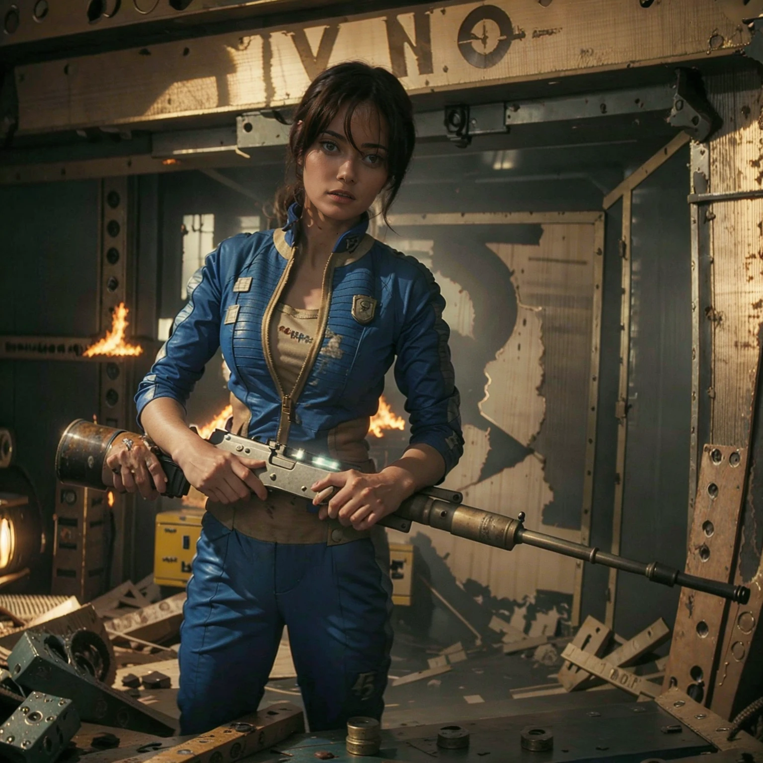 (One person). Fallout TV series. Inside a dimly lit large wreaked smoky room in a post-apocalyptic (casino) in Las Vegas. Vaultsuit Lucy, a 25 year-old vault dweller wearing a blue and gold vaultsuit unzipped top with bloodstains on the t-shirt underneath, her black hair disheveled, with a large ((gun)) in her hand, standing ready to defend herself.  Dark room with smoke and small fires in the rubble. Menacing shadows. Dramatic. Cinematic. realistic colors, realistic, photo-realistic. 