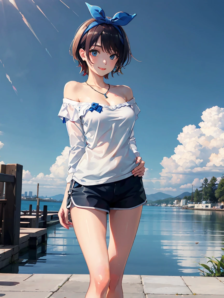 black hair, short hair, blue eyes,  ribbon, breasts, bow, hair ribbon, hairband, hair bow, bangs, large breasts, sarashina ruka, smile,
BREAK (off-shoulder shirt, shorts, jewelry, pendant:1.2),
BREAK full bodyesbian，Standing on the ground，Slim，long leges，Stand up straight，nothing background，Slim，extra long leg，A sagging breast,arms behind back,
BREAK ((top quality, 8k, masterpiece: 1.3, ultra hd, high quality, best quality, high definition, realism)), sharp focus: 1.5, Beautiful woman with Slim body, (perfect hands, perfect anatomy),