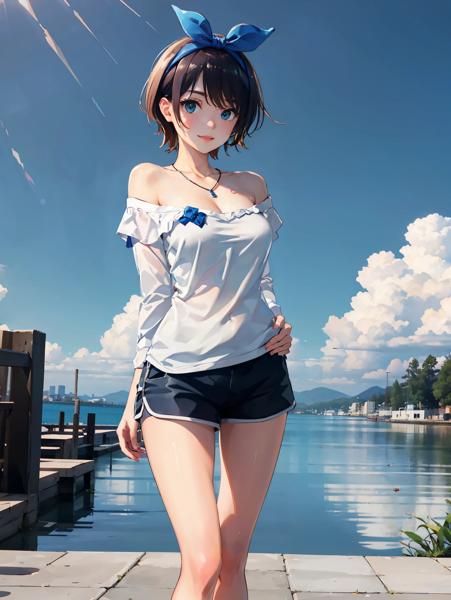 black hair, short hair, blue eyes,  ribbon, breasts, bow, hair ribbon, hairband, hair bow, bangs, large breasts, sarashina ruka, smile,
BREAK (off-shoulder shirt, shorts, jewelry, pendant:1.2),
BREAK full bodyesbian，Standing on the ground，Slim，long leges，Stand up straight，nothing background，Slim，extra long leg，A sagging breast,arms behind back,
BREAK ((top quality, 8k, masterpiece: 1.3, ultra hd, high quality, best quality, high definition, realism)), sharp focus: 1.5, Beautiful woman with Slim body, (perfect hands, perfect anatomy),