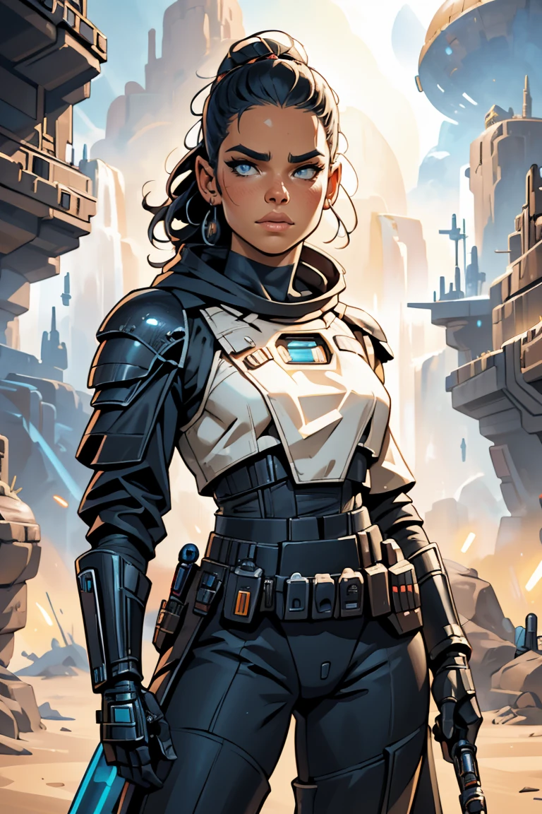 a Star Wars bounty hunter based on Alina Lopez, star Wars, highly detailed cinematic sci-fi illustration, black outlining, full color illustration, in the style of BORIS VALLEJO & JULIE BELL, masterpiece, 8k, ultra-detailed, physically-based rendering, vivid colors, dramatic lighting, intricate background, photorealistic