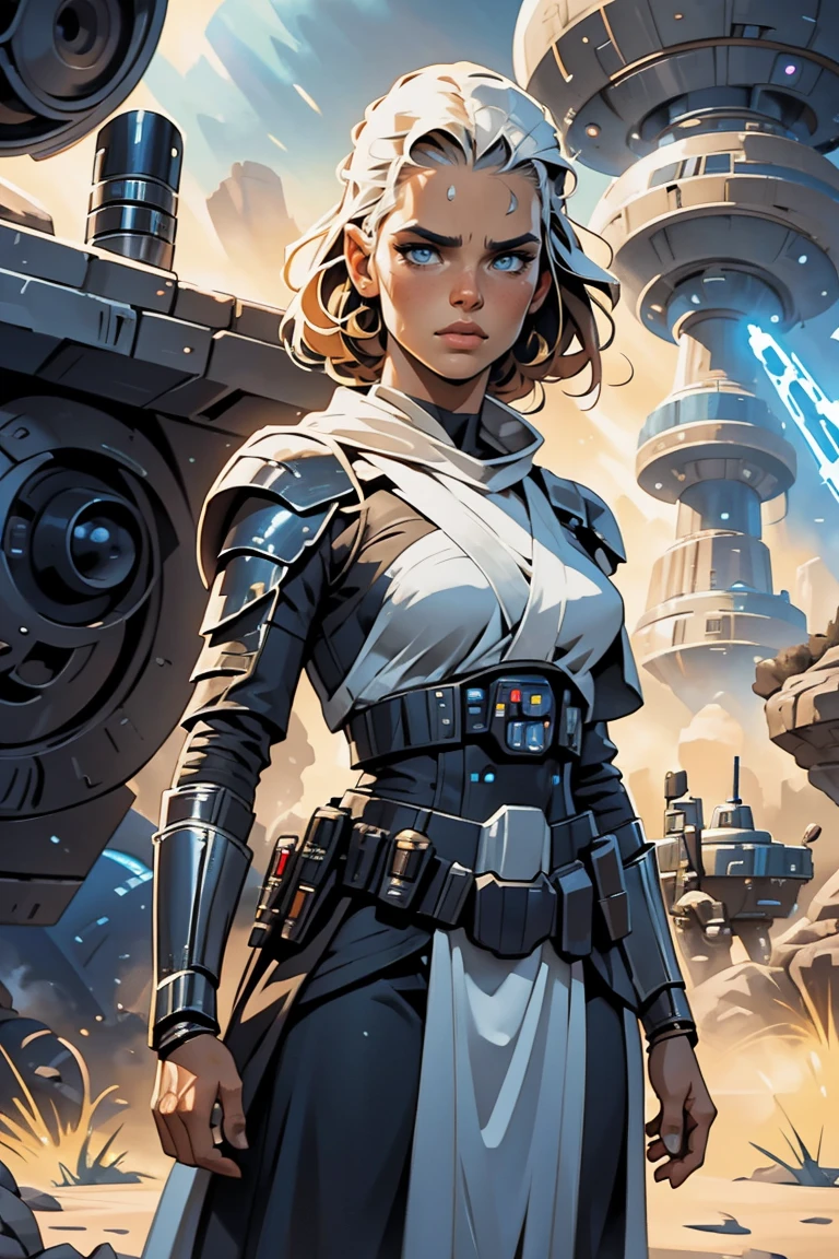 a Star Wars jedi based on Alina Lopez, star Wars, highly detailed cinematic sci-fi illustration, black outlining, full color illustration, in the style of BORIS VALLEJO & JULIE BELL, masterpiece, 8k, ultra-detailed, physically-based rendering, vivid colors, dramatic lighting, intricate background, photorealistic