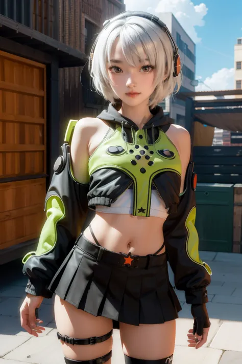 anbydemara, anby demara, (orange eyes:1.5), short hair, white hair,
break bare shoulders, black gloves, black skirt, black thigh...