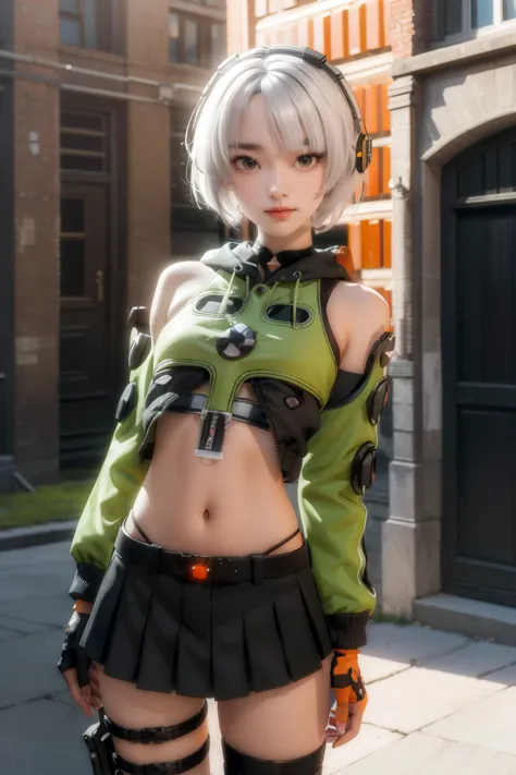 anbydemara, anby demara, (orange eyes:1.5), short hair, white hair,
break bare shoulders, black gloves, black skirt, black thigh...