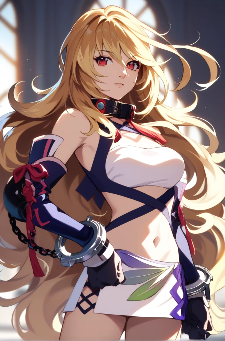 score_9, score_8_up, score_7_up, very aesthetic, source_anime,
simple background, indoor, sunlight,
millaMaxwellBase, 1girl, blonde hair, long hair, red eyes, multicolored hair, 
navel, white miniskirt, white strapless, elbow gloves,  side slit,, zPDXL,extremely detailed,high definition restrained,police,arrest,restrained,shackles,(((handcuffs, cuffs, upper body, handcuff, bound wrists))),masterpiece, best quality,millaMaxwell handcuffs behind her back,