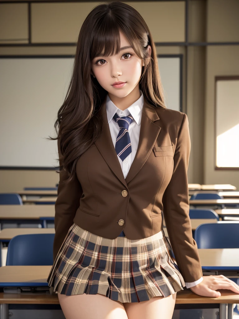 Product quality,1 girl,Cowboy Shot,Front view,Young and pretty girl in Japan,Daytime, ((High school classroom:1.2)),Schoolgirl uniform,blazer,Wearing,Wearing a checkered pleated micro mini skirt,Super cute face,Glossy Lips,Double eyelids on both eyes,(Natural Makeup),shiny smooth light brown hair with long hair,,Asymmetrical bangs,Center image,8k resolution,Attention to detail,Detailed hairstyle,Detailed face,Cinema Lighting,Octane Rendering,Ultra-realistic,Perfect limbs,Beautiful feet,Voluptuous thighs,Huge breasts,Perfect Anatomy,Bold sexy pose,Gravure idol pose