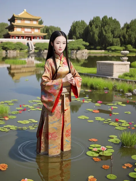 ancient chinese style美女，exquisite face，standing in the water in the large pond of the chinese imperial palace，dunhuang feixian&#...