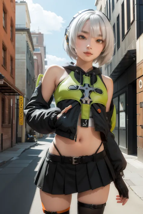 anbydemara, anby demara, (orange eyes:1.5), short hair, white hair,
break bare shoulders, black gloves, black skirt, black thigh...