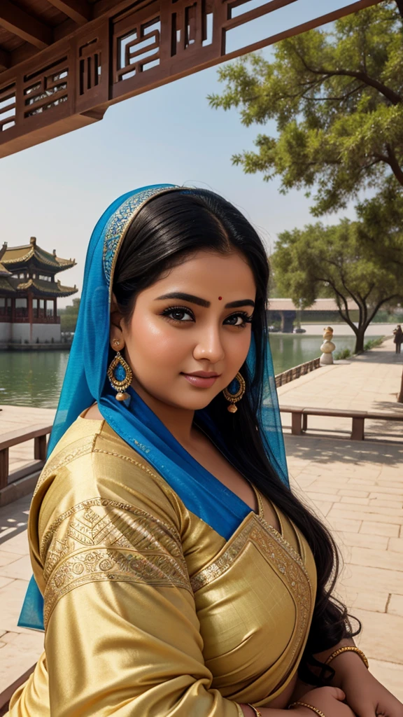 1 Heavenly beautiful and goddess beauty cute and sweet looking face Arabian female in front of Summer Palace, China, Heavenly beautiful Overweight, Heavenly beautiful Extremely fat, Heavenly beautiful and attractive Chubby figure , Heavenly beautiful looking and eye catching luxury style Bandhani Saree , reaching out, Heavenly beautiful Arabian woman, 16k, High resolution, masterpiece, highest quality, fine skin, outside view, Realistic Photograph, close up face view