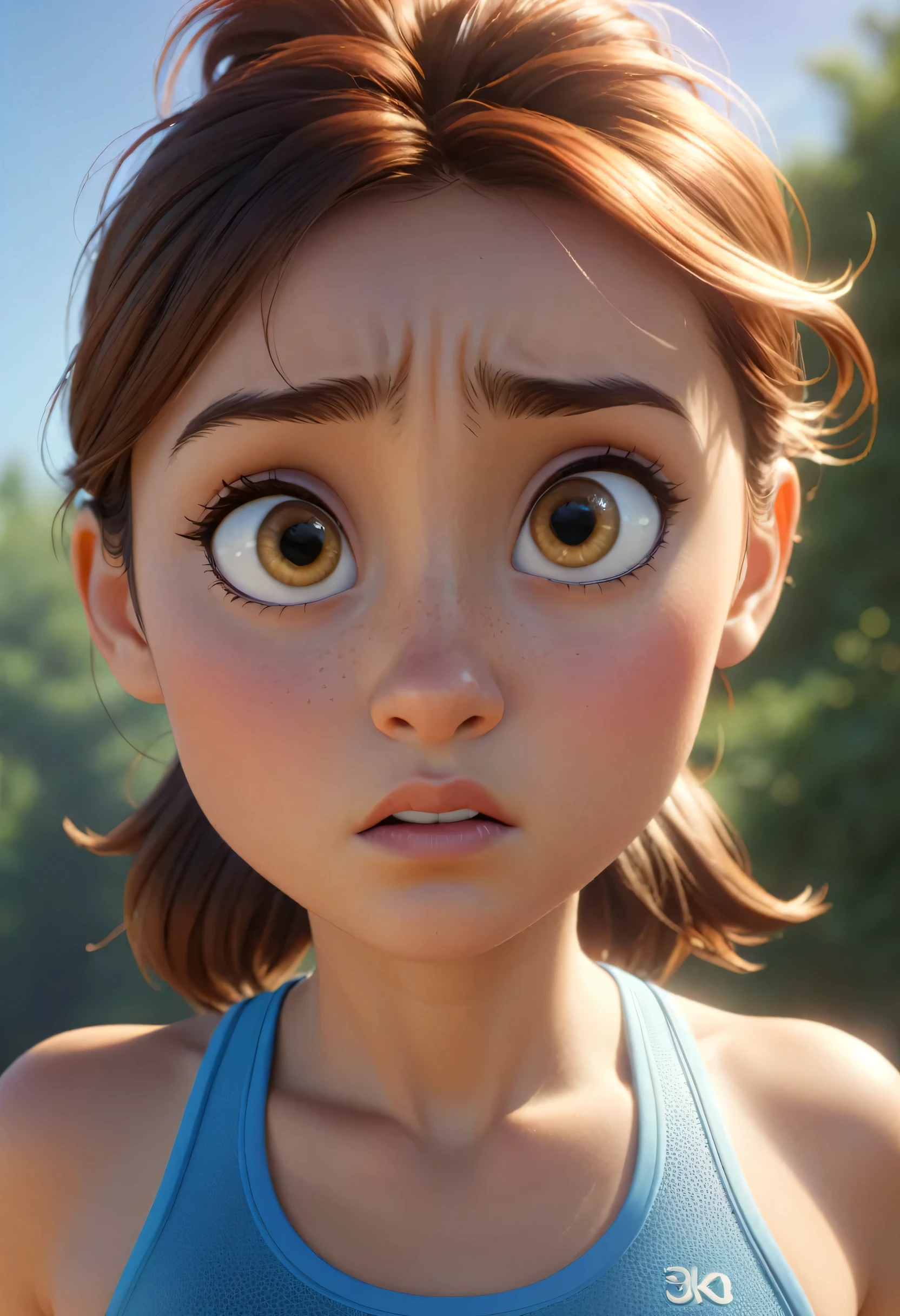 Girl standing under the sun after her morning running her face so serious in expression. Close up. High quality Pixar hyper realistic image. 4k