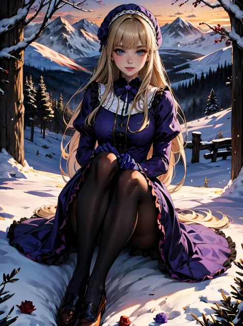 masterpiece, best quality, winter, snow field, 1girl, bangs, blue eyes, blunt bangs, bonnet, brown footwear, blonde hair, maid d...