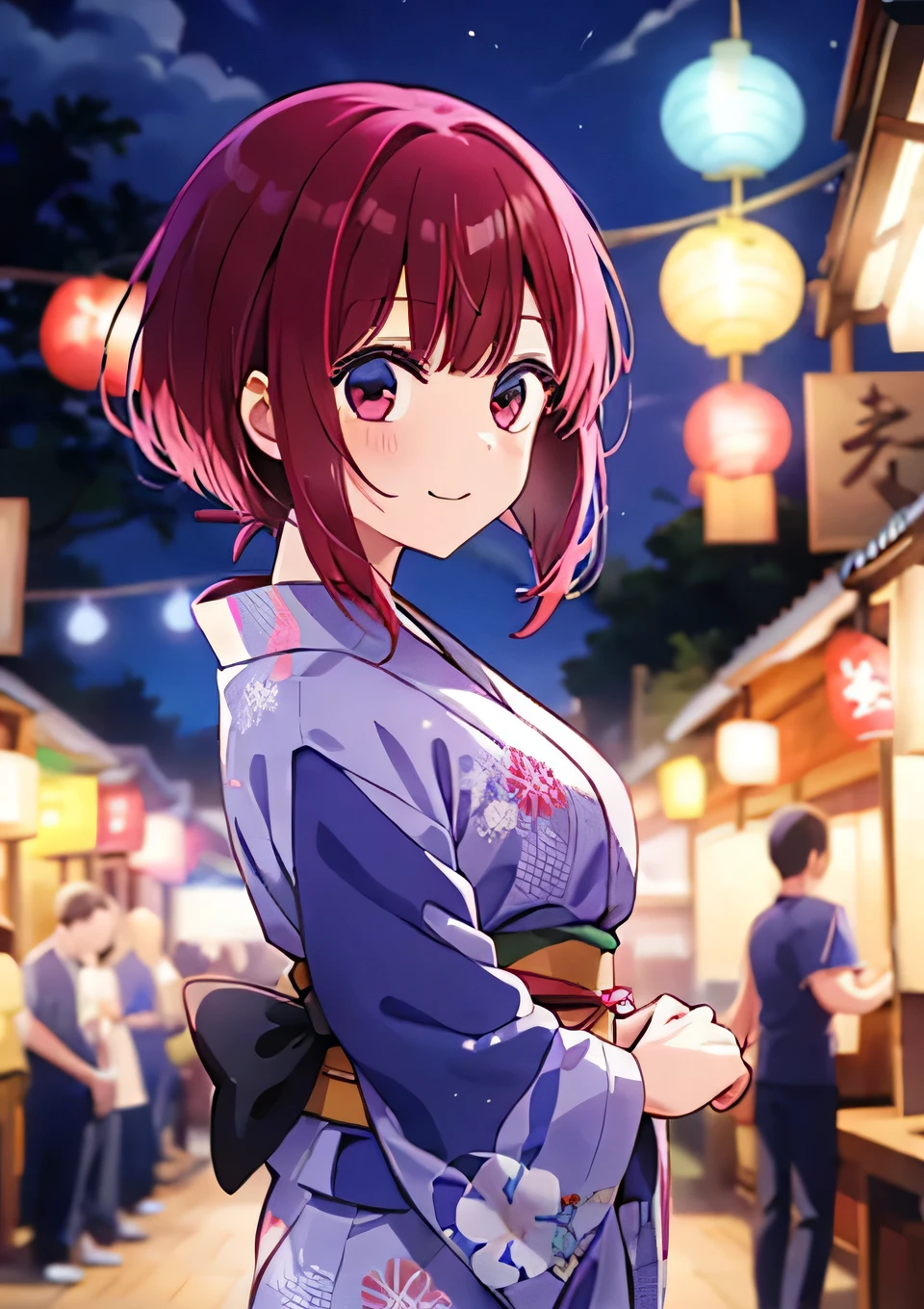 Arima Kana　Festival at the shrine　evening　Looking at the food stalls　In the crowd　Wearing a yukata　smile　Pulling hands