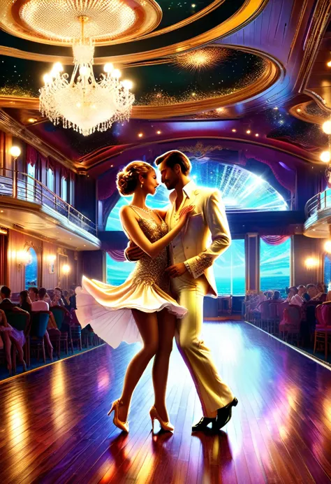 on board a luxury cruise ship、dance hall、dancing couple