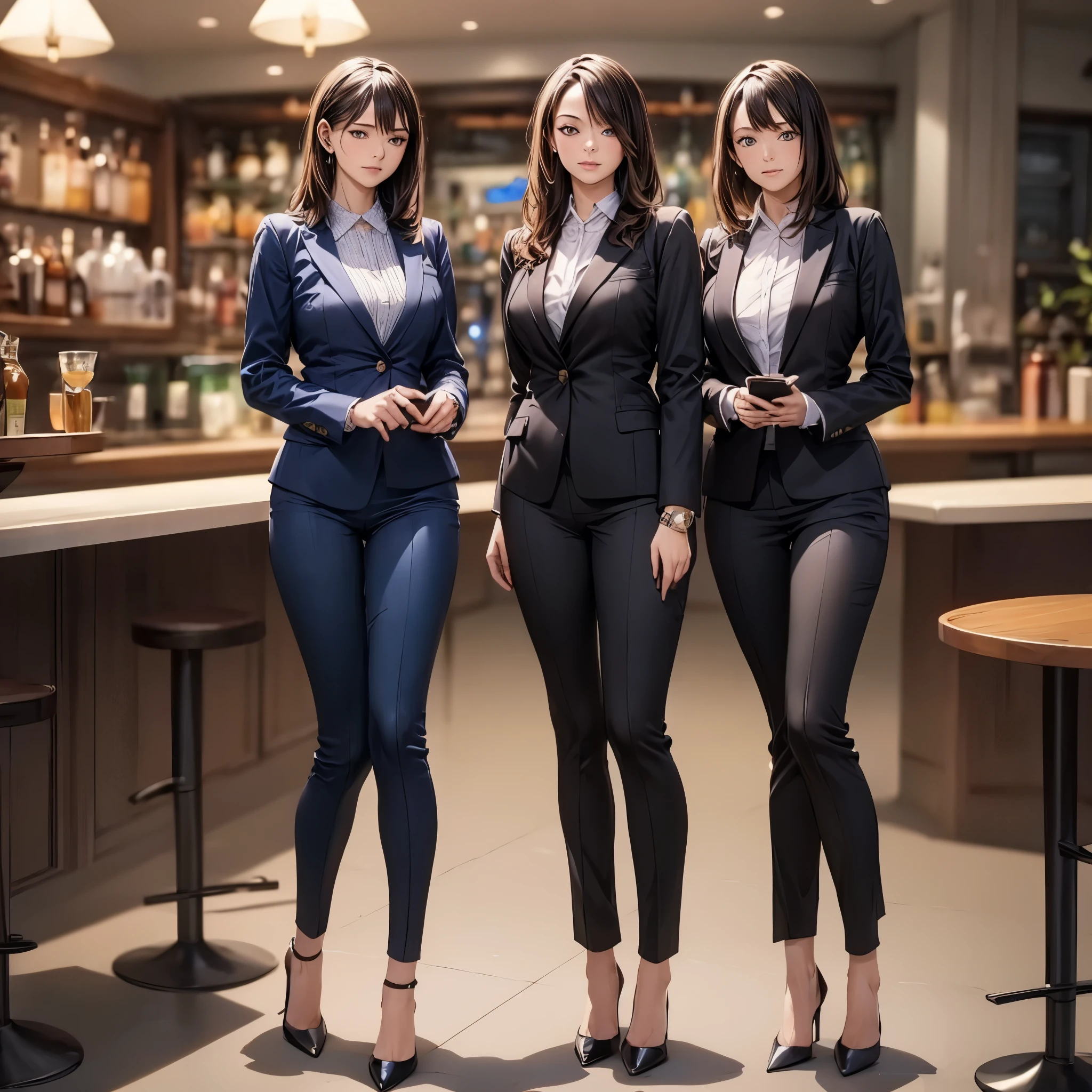 (masterpiece:1.3),(best quality, highest quality),((Full Body Shot,Including face)),2girls,4K,masterpiece,((Focus on the face)),((Symmetrical facial features)),Beautiful woman,(slender),((High heels)),Detailed depiction of the face,In front of the bar counter,profile,slenderな女性,Office lady after work,Age 25,pants suit