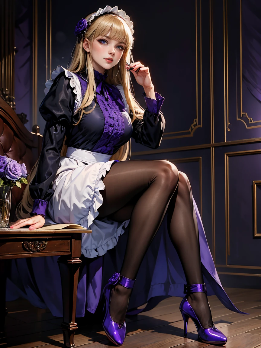 masterpiece, best quality, winter, 1girl, 30 years old, mature beautiful maid, bangs, blue eyes, blunt bangs, bonnet, brown footwear, blonde hair, maid dress, frills, full body, long hair, long sleeves, looking at viewer, pantyhose, black dress, purple flower, purple rose, rose, shoes, sitting, solo,