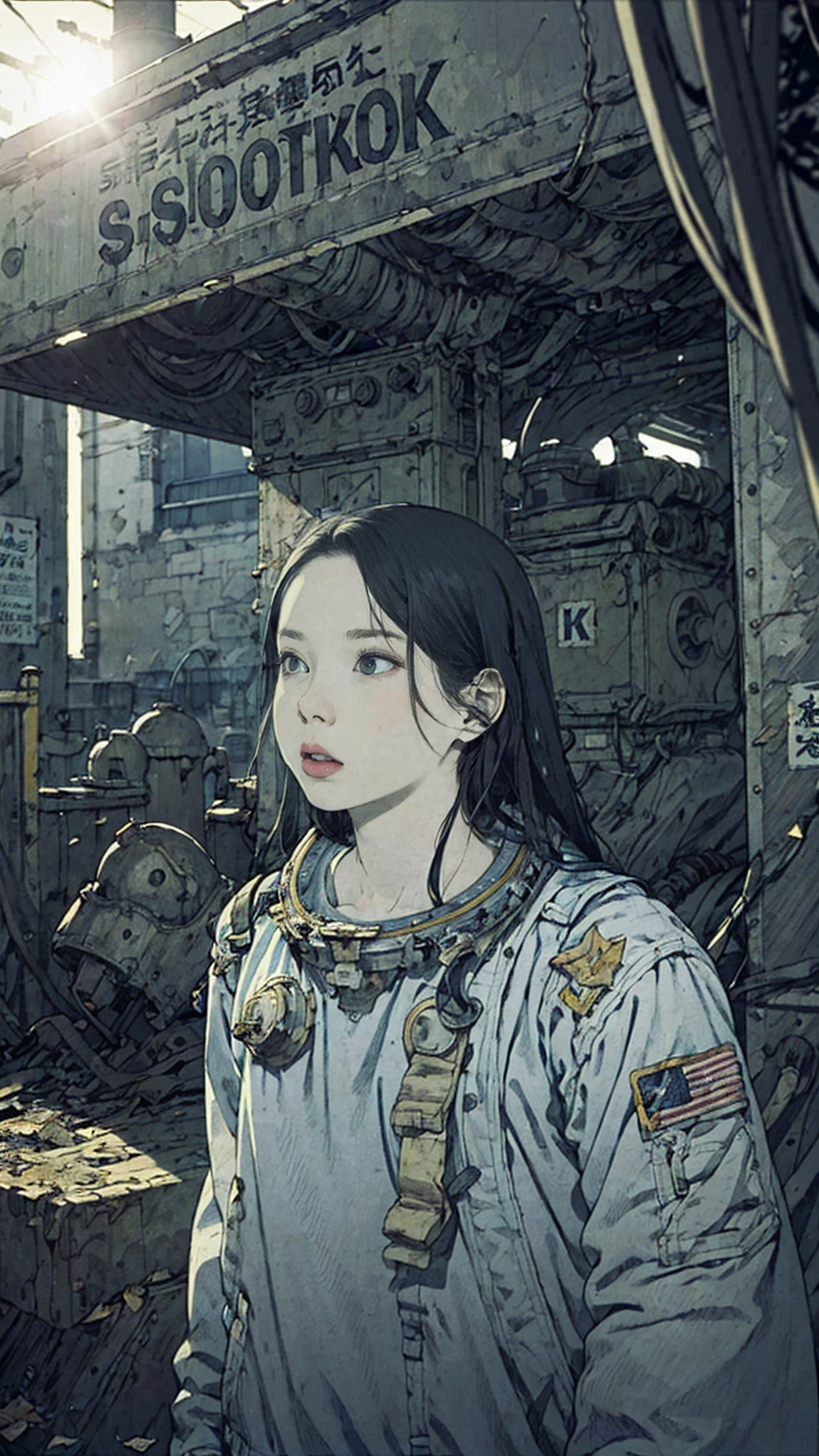 8k、Absurd、High resolution、Super detailed、masterpiece、Sharp Shadows、One personの女性、24-years-old、Abandoned Station、Astronaut Uniform、Monochrome、Intricate machinery、(Outdated machinery:1.3)、Upper Body、
(One person:1.2)、Moderate bust、Black Hair、Long Hair、masterpiece、