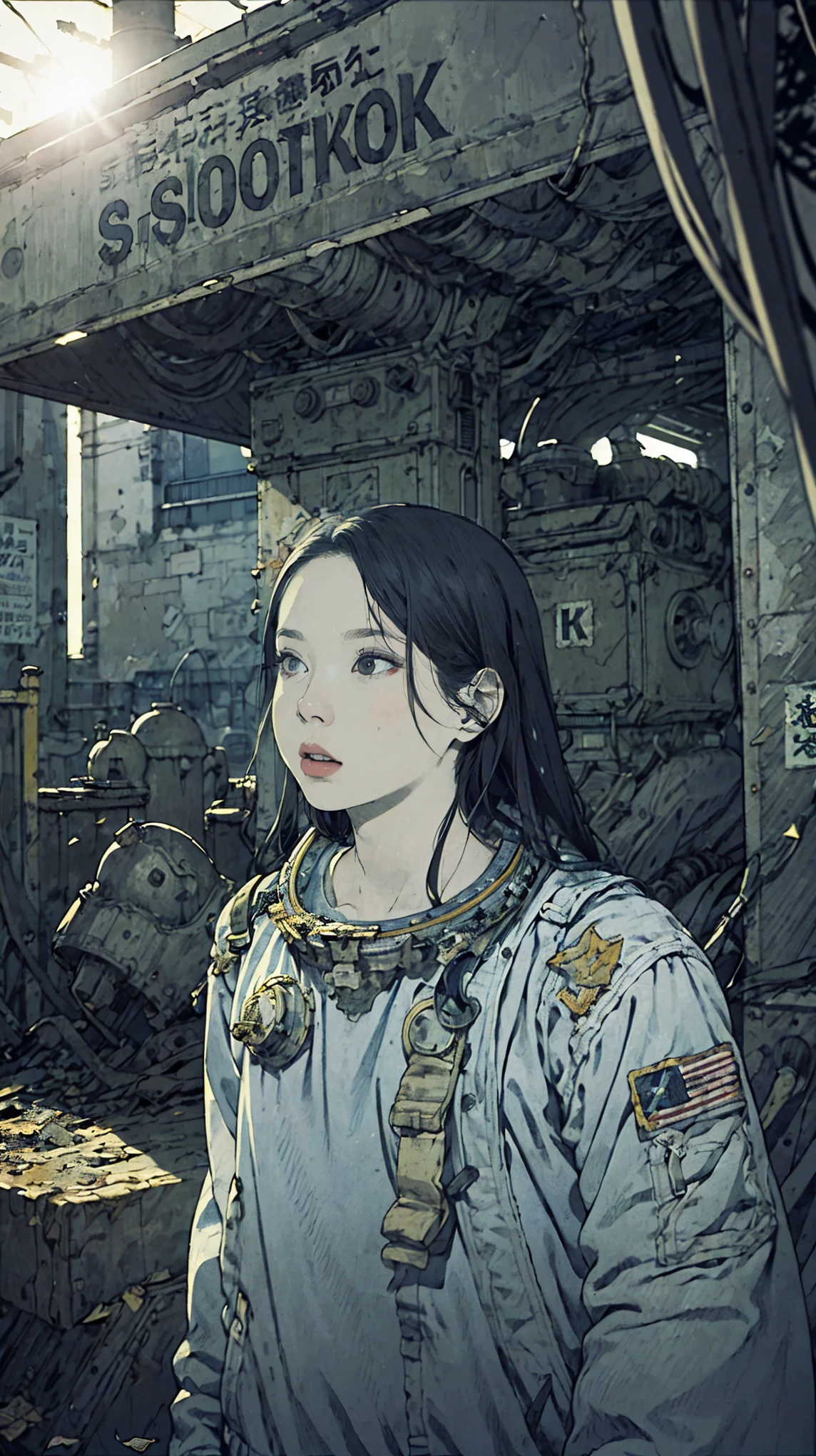 8k、Absurd、High resolution、Super detailed、masterpiece、Sharp Shadows、One personの女性、24-years-old、Abandoned Station、Astronaut Uniform、Monochrome、Intricate machinery、(Outdated machinery:1.3)、Upper Body、
(One person:1.2)、Moderate bust、Black Hair、Long Hair、masterpiece、